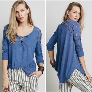 Free People Jennie Embroider Henley Laceup Blue